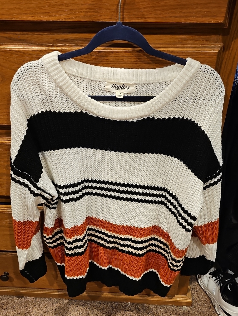 Haptics Women's Cream, Black & Rust Striped Crewneck Sweater